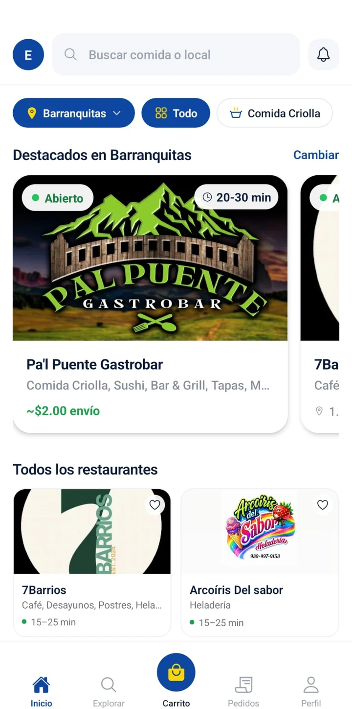 Aplicación Octane Deliveries mostrando restaurantes disponibles en Barranquitas