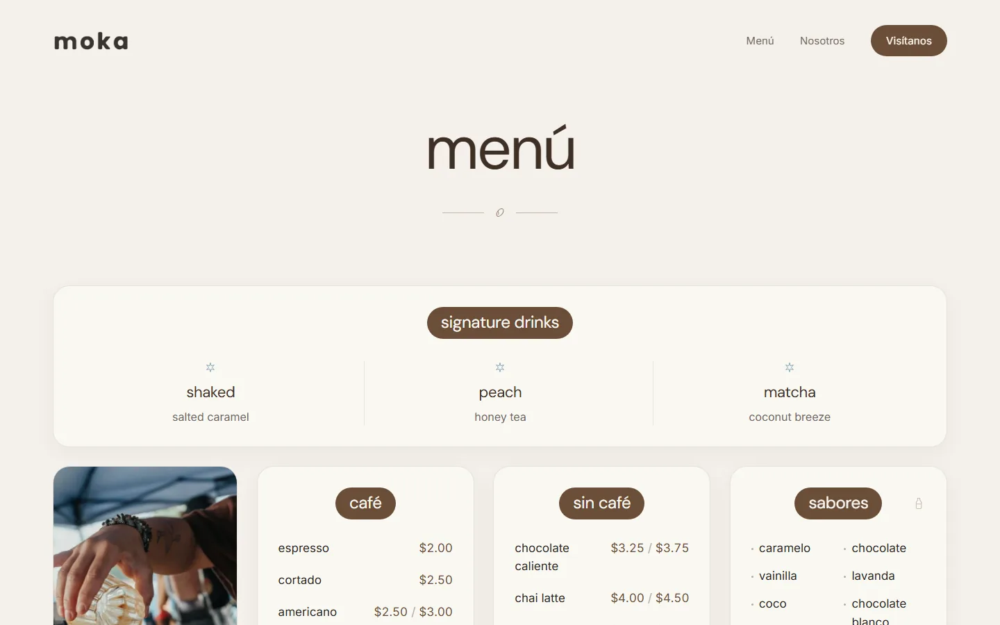 Página de menú del sitio web de Moka Café